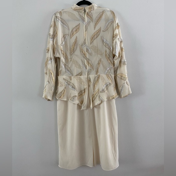 70s/80s handmade cream with gold leaf peplum style dress - M-L - Picture 6 of 9